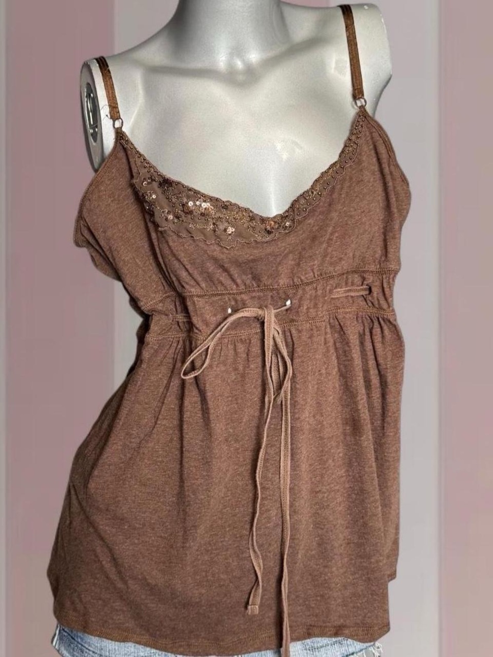 Y2K Brown Tie-Waist Baby Doll Top